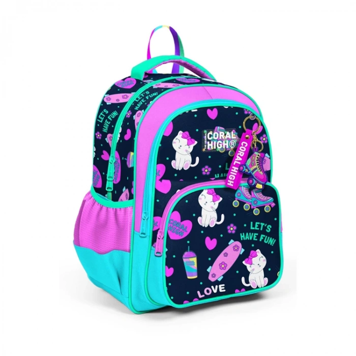 CORAL HIGH 23658 KIDS LACİVERT PEMBE KEDİLİ PATEN DESENLİ ÜÇ BÖLMELİ SIRT ÇANTASI