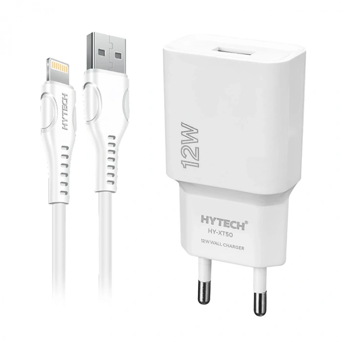 HYTECH HY-XT50L 12W 2.4A İPHONE BEYAZ ŞARJ KABLOSU VE EV TİPİ ŞARJ ADAPTÖRÜ