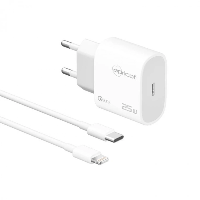 APRİCOT APC-U435L TYPE-C TO LIGHTNING USB-C 25W 3.0A BEYAZ KABLOLU HIZLI EV ŞARJ ADAPTÖRÜ