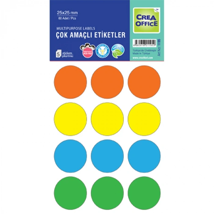 CREA OFC- 1195 25mm YUVARLAK RENKLİ OFİS ETİKETİ 7Lİ (60)