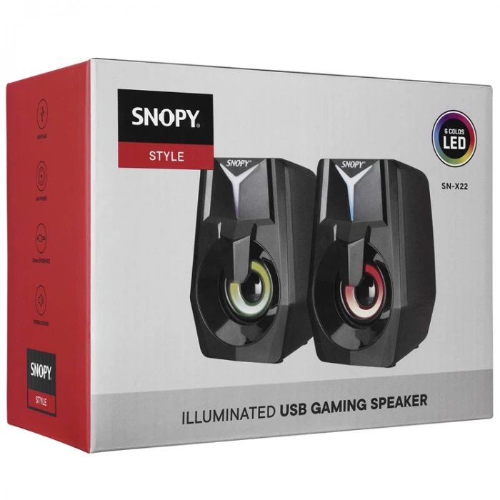 SNOPY SN-X22 STYLE 2.0 MULTİMEDİA LED IŞIKLI 3Wx2 SİYAH USB GAMİNG SPEAKER HOPARLÖR