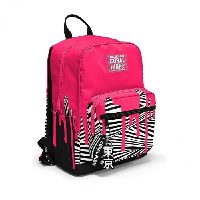 CORAL HIGH 23678 KIDS PEMBE SİYAH BEYAZ DESENLİ DÖRT BÖLMELİ SIRT ÇANTASI