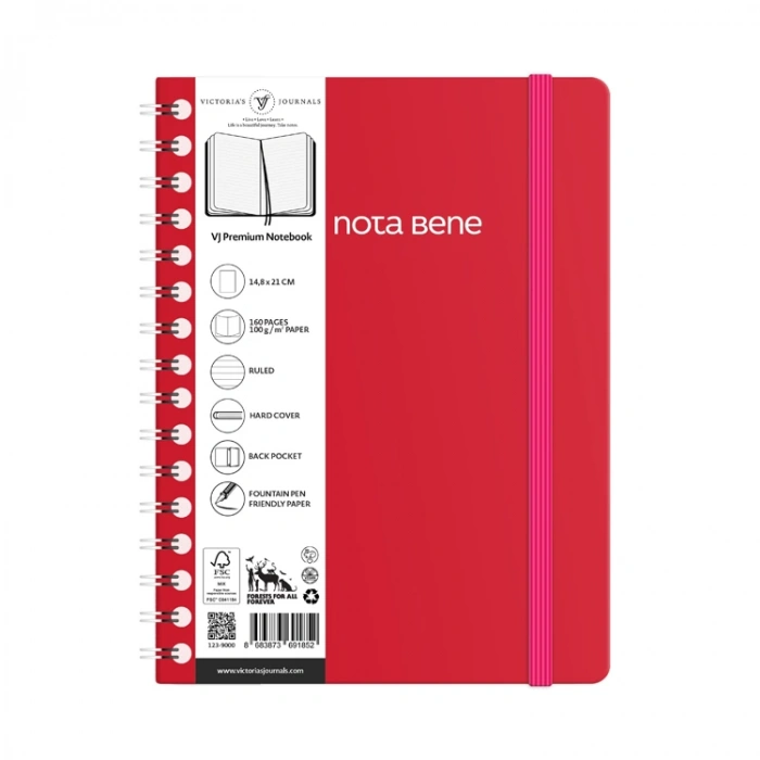 VICTORIAS JOURNALS NOTE BENE 9264 PREMIUM NOTEBOOK SPİRALLİ SERT KAPAK A5 100gr.160 SYF. ÇİZGİLİ DEFTER KIRMIZI