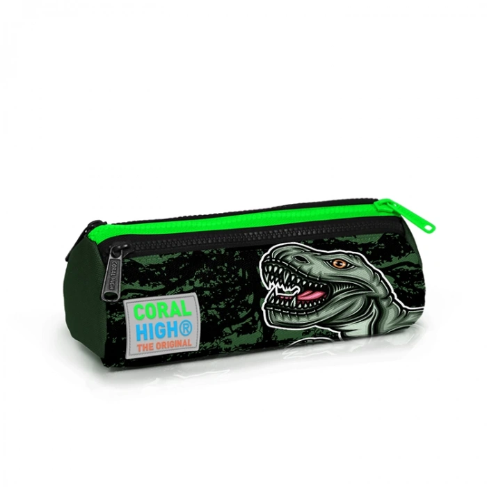 CORAL HIGH 22025 KOYU YEŞİL SİYAH  DİNOZOR DESENLİ ÜÇ BÖLMELİ KALEM ÇANTASI