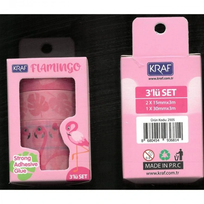 KRAF 2505FL WASHI TAPE FLAMINGO 3 LÜ TEK SET KUTULU DESENLİ BANT  (15mmx3m 2Ad + 30mmx3m 1 Ad)