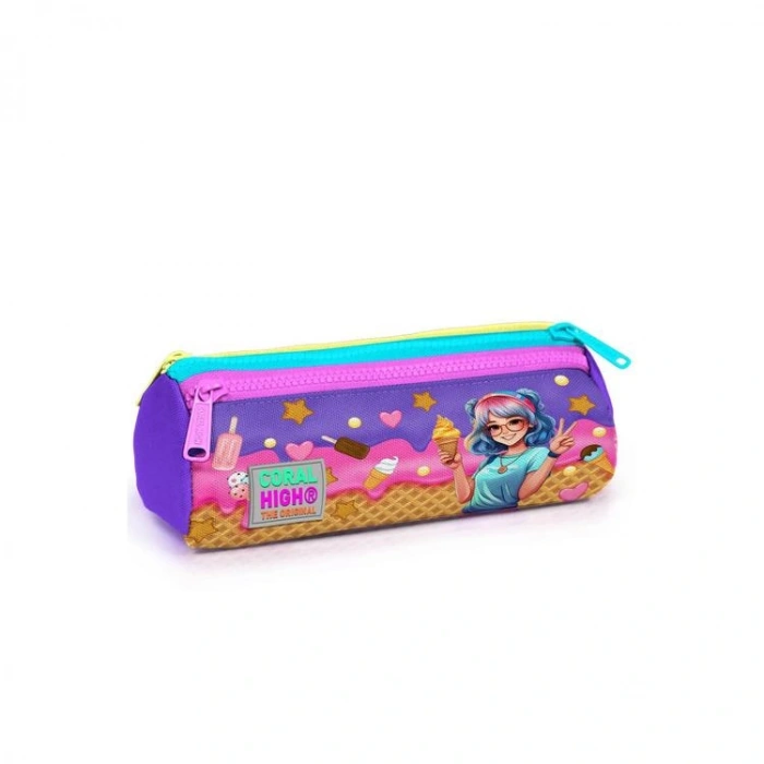 CORAL HIGH 22089 KIDS LİLA TURKUAZ DONDURMA VE ANİME DESENLİ ÜÇ BÖLMELİ KALEM ÇANTASI