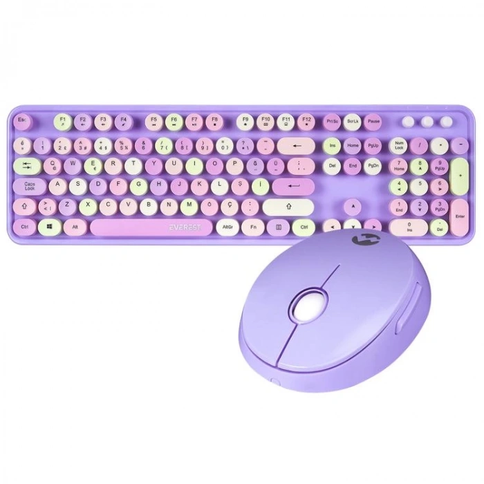 EVEREST KM-6282 ROUND RENKLİ TUŞLU Q MULTİMEDİA KLAVYE+ MOUSE SET MOR