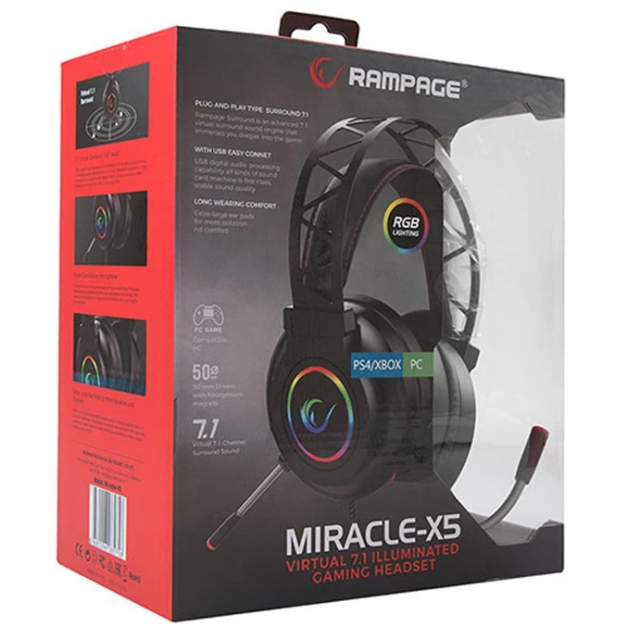 RAMPAGE MİRACLE-X5 SİYAH RGB LED 7.1 SURROUND SOUND SYSTEM MİKROFONLU OYUNCU KULAKLIĞI