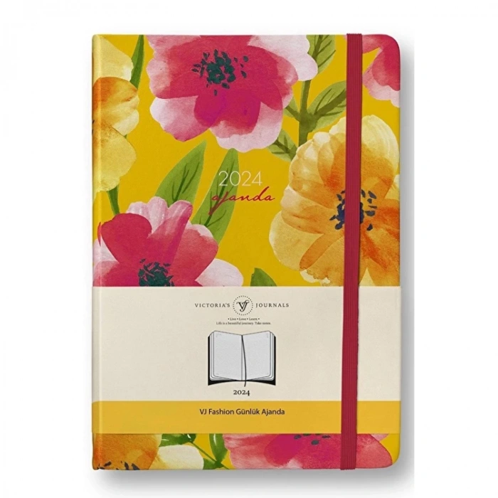 VICTORIAS JOURNALS 9184 13x21cm ESNEK KAPAK LASTİKLİ CEPLİ FASHION GÜNLÜK AJANDA - SARI/KIRMIZI ÇİÇEKLİ
