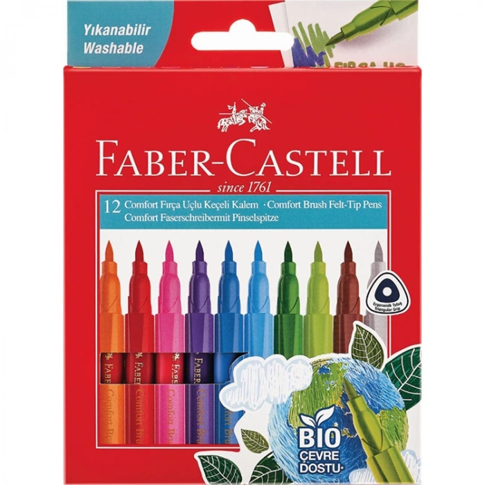 FABER CASTELL COMFORT KEÇELİ KALEM BIO PLASTİK GÖVDELİ FIRÇA UÇ 12 RENK