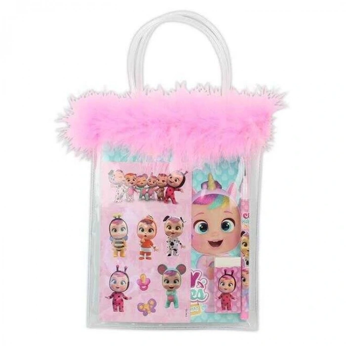 CEM CRY BABIES CRY-7746 KIRTASİYE SETİ TÜYLÜ VE PVC ÇANTALI 4 PARÇA