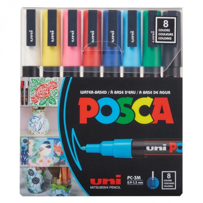 UNİ POSCA SU BAZLI MARKER ANA RENKLER PC-3M 0.9-1.3MM 8Lİ SET