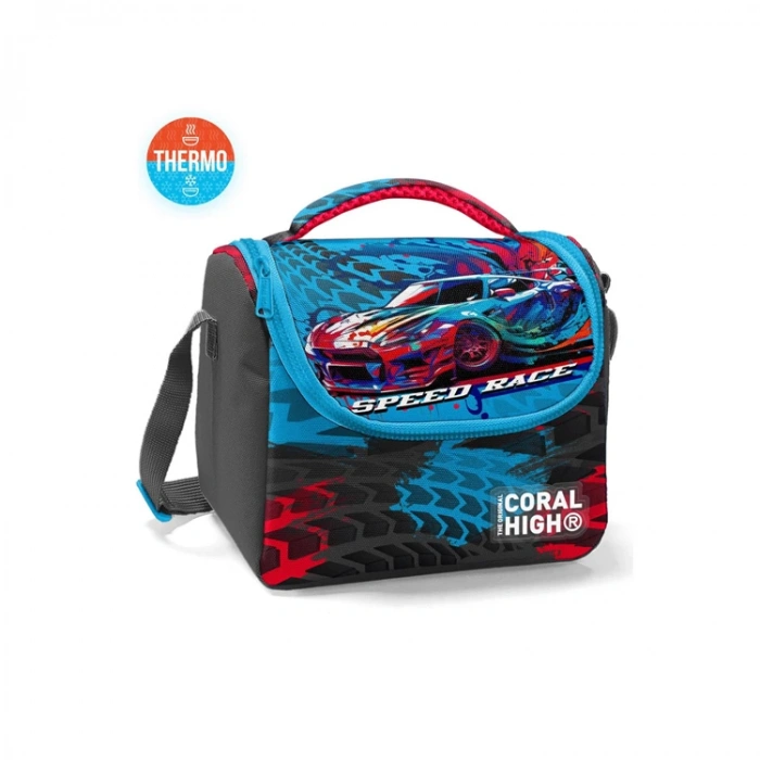 CORAL HIGH 11885 KIDS GRİ MAVİ YARIŞ ARABASI DESENLİ THERMO BESLENME ÇANTASI