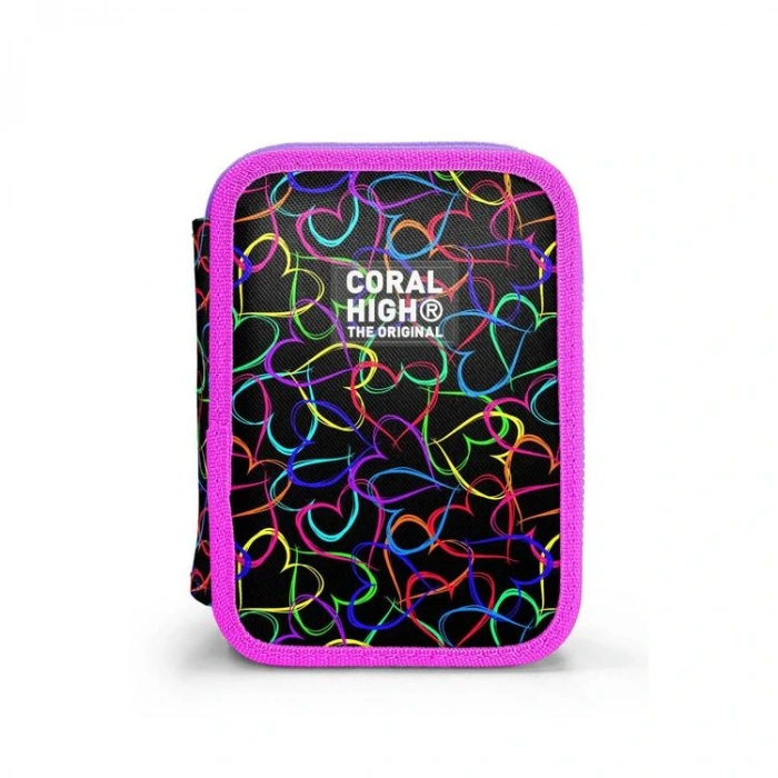 CORAL HIGH KIDS 11145 ÇOK RENKLİ KALP DESENLİ ÇİFT KATLI KALEM ÇANTASI
