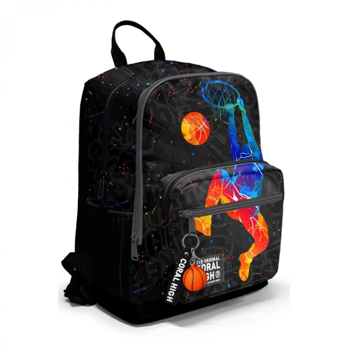 CORAL HIGH 23643 KIDS SİYAH GRİ BASKETBOL DESENLİ DÖRT BÖLMELİ SIRT ÇANTASI