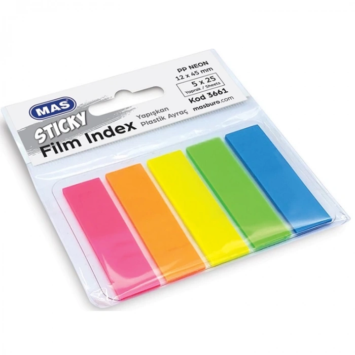 MAS 3661 FILM INDEX YAPIŞKANLI PP. AYRAÇ DÖRTGEN 12x45mm. 25 SAYFA 5 RENK