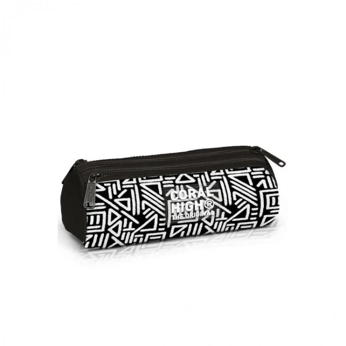 CORAL HIGH 11182 KIDS SİYAH BEYAZ GEOMETRİK DESENLİ ÜÇ BÖLMELİ KALEM ÇANTASI