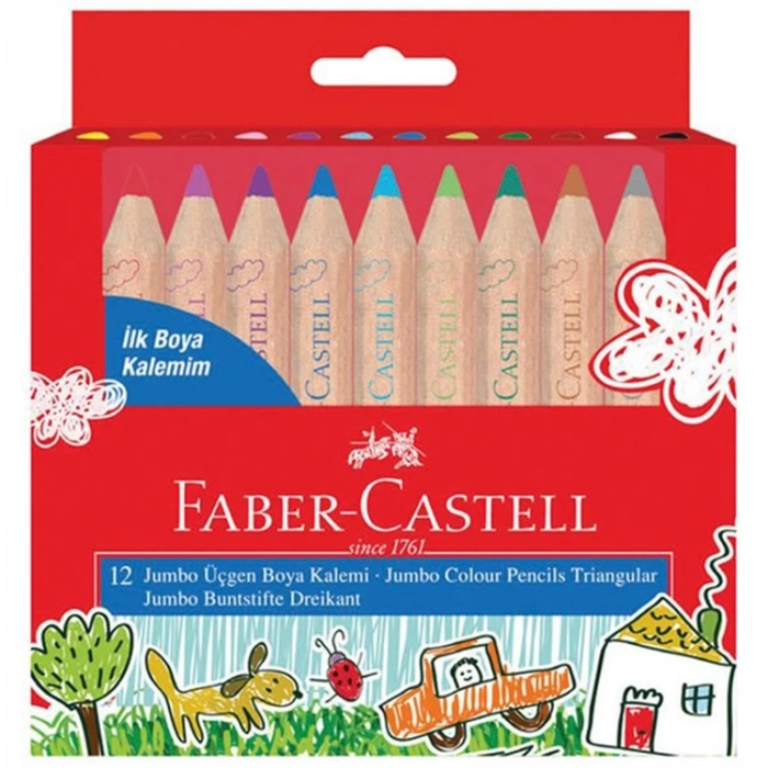 FABER CASTELL JUMBO ÜÇGEN YARIM BOY KURU BOYA KALEMİ - İLK BOYA KALEMİM 12Lİ
