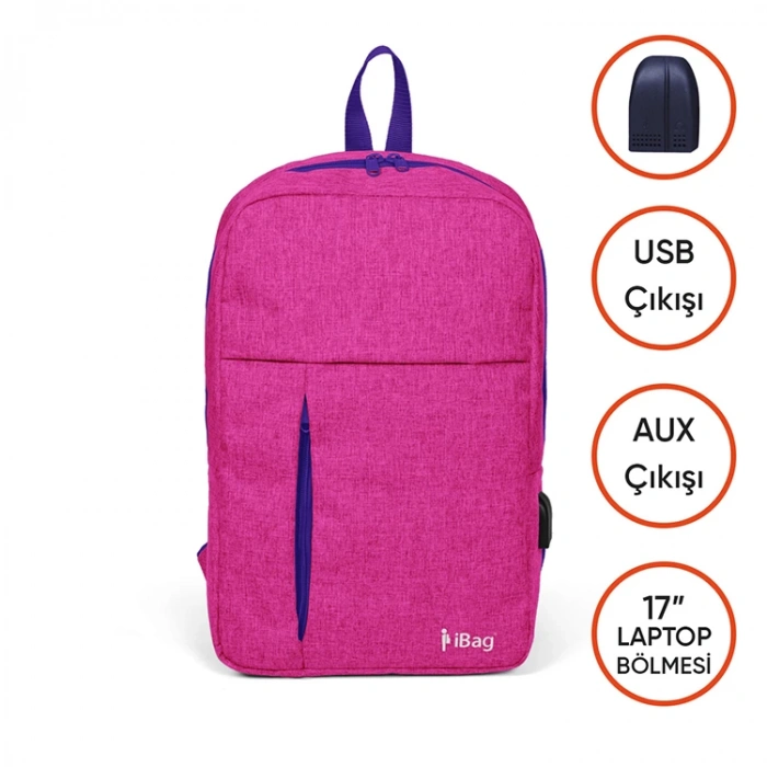 YAYGAN 14268 İBAG USB + AUX SOKETLİ 17 LAPTOP BÖLMELİ SIRT ÇANTASI KIRÇILLI PEMBE