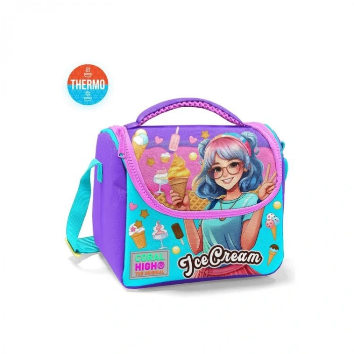 CORAL HIGH 11789 KIDS LİLA TURKUAZ DONDURMA VE ANİME DESENLİ THERMO BESLENME ÇANTASI