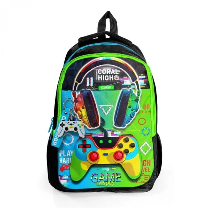 CORAL HIGH 23667 KIDS SİYAH YEŞİL KULAKLIK GAME DESENLİ ÜÇ BÖLMELİ OKUL SIRT ÇANTASI