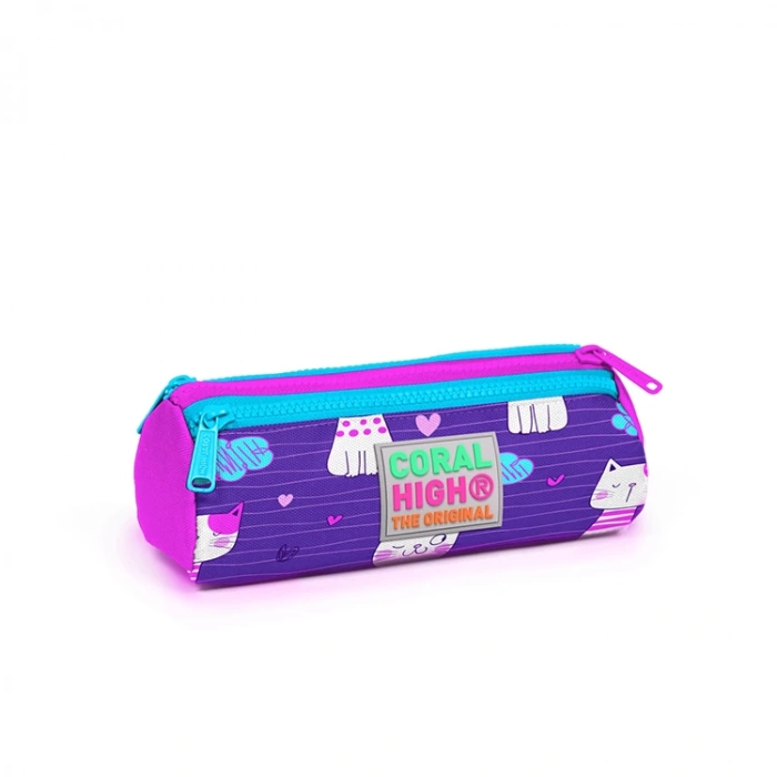CORAL HIGH 22304 MOR PEMBE KEDİ DESENLİ ÜÇ BÖLMELİ KALEM ÇANTASI