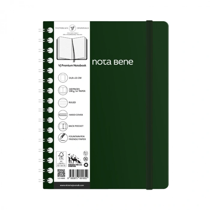 VICTORIAS JOURNALS NOTE BENE 9263 PREMIUM NOTEBOOK SPİRALLİ SERT KAPAK A5 100gr.160 SYF. ÇİZGİLİ DEFTER YEŞİL