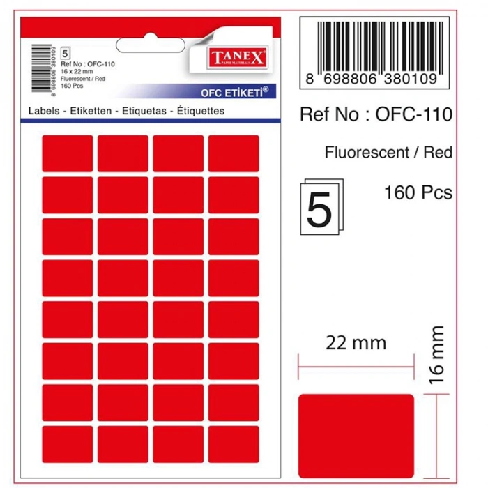 TANEX OFC-110 16x22mm FLORASAN KIRMIZI OFİS ETİKETİ 5Lİ