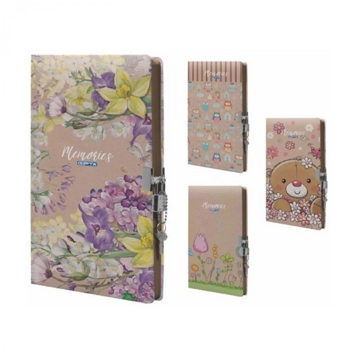 GIPTA KİLİTLİ İP. DİKİŞLİ SERT KAPAK KRAFT HATIRA DEFTERİ 14X20- 96YP