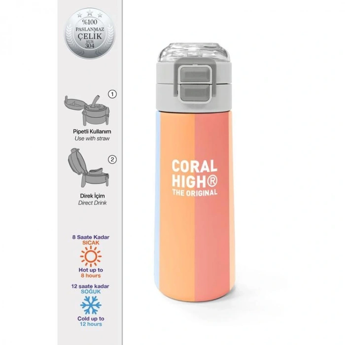 CORAL HIGH 31880 KIDS RENKLİ ÇİZGİLİ DESENLİ PİPETLİ VE DİREKT İÇİM ÇELİK TERMOS 500ML