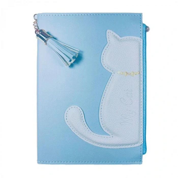 VICTORIAS JOURNALS 125-2128 FERMUAR BÖLMELİ KEDİLİ GEÇMELİ VEGAN KAPAKLI 13X18 100 GR. 160 SAYFA ÇİZGİLİ DEFTER MAVİ