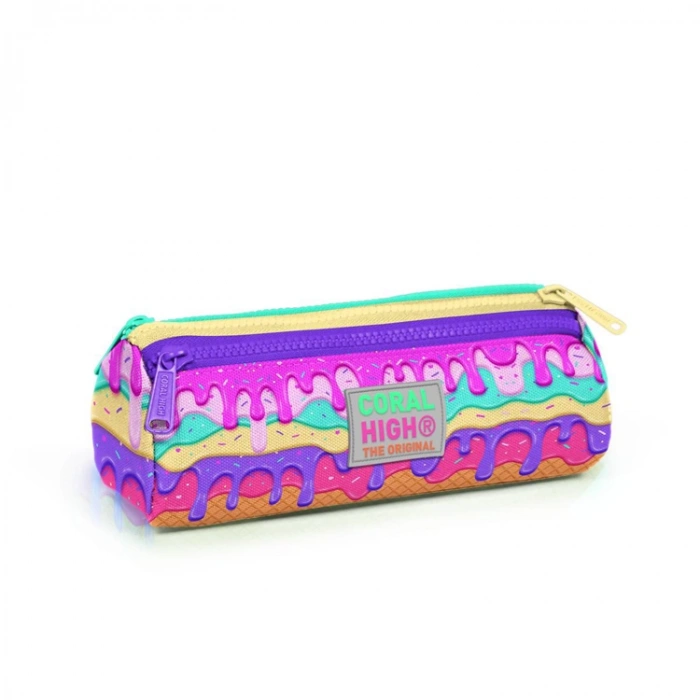 CORAL HIGH 22031 KIDS PEMBE RENGARENK DONDURMA DESENLİ ÜÇ BÖLMELİ KALEM ÇANTASI