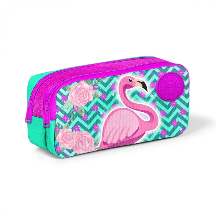 CORAL HIGH 22290 İKİ BÖLMELİ FLAMİNGO DESENLİ KALEM ÇANTASI SU YEŞİLİ-PEMBE