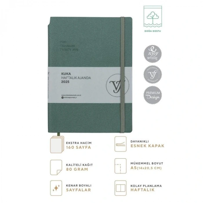 VICTORIAS JOURNALS 124-1432 14X20,5 KUKA HAFTALIK AJANDA A5 - YEŞİL