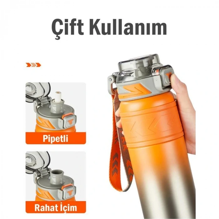 VAGONLİFE T2025 TKK PİPETLİ / PİPETSİZ KULLANIM ÇELİK TERMOS 900ML TURUNCU (ORANGE)