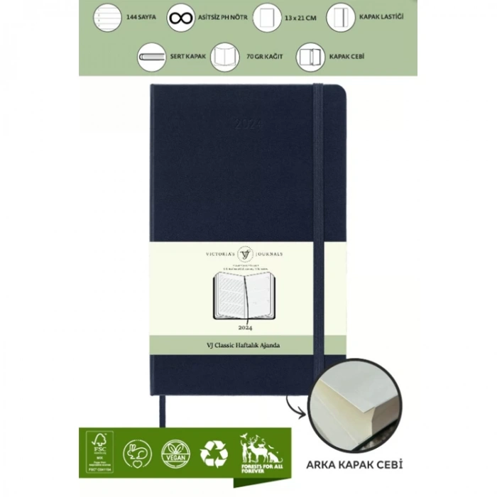VICTORIAS JOURNALS 9154 13x21cm ESNEK KAPAK LASTİKLİ CEPLİ CLASSIC HAFTALIK AJANDA - LACİVERT