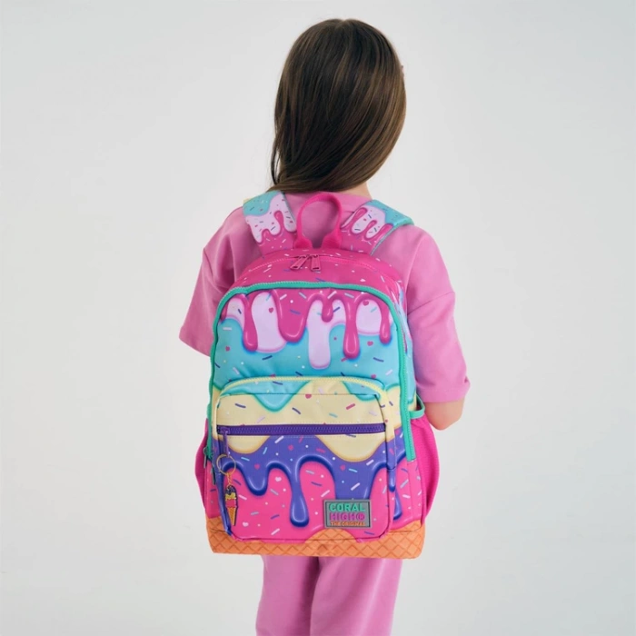 CORAL HIGH 23731 KİDS PEMBE RENGARENK DONDURMA DESENLİ DÖRT BÖLMELİ SIRT ÇANTASI