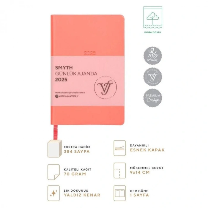 VICTORIAS JOURNALS 124-1496 9X14 SMYTH LASTİKLİ GÜNLÜK AJANDA A5 - ŞEFTALİ RENGİ