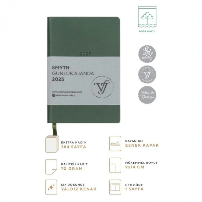 VICTORIAS JOURNALS 124-1494 9X14 SMYTH LASTİKLİ GÜNLÜK AJANDA A5 - PETROL YEŞİLİ