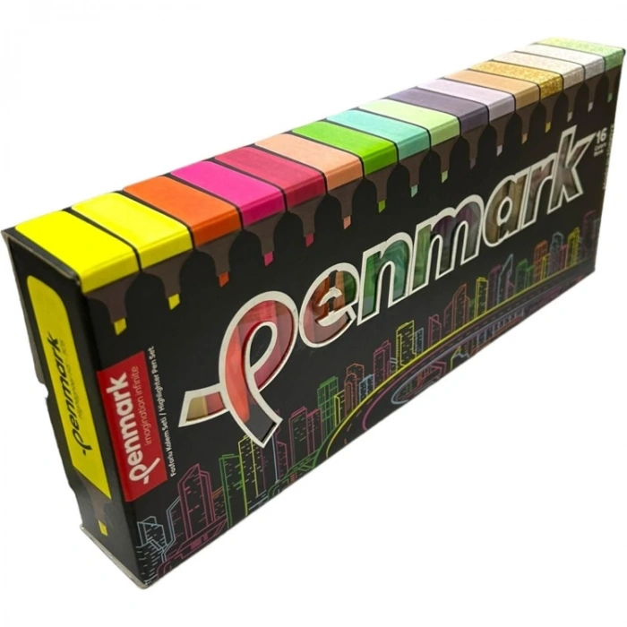PENMARK HS-505-16S  4 NEON+4 PASTEL +4 TROPİK+4 SİMLİ 16 LI FOSFORLU KALEM SETİ SÜPER KUTU