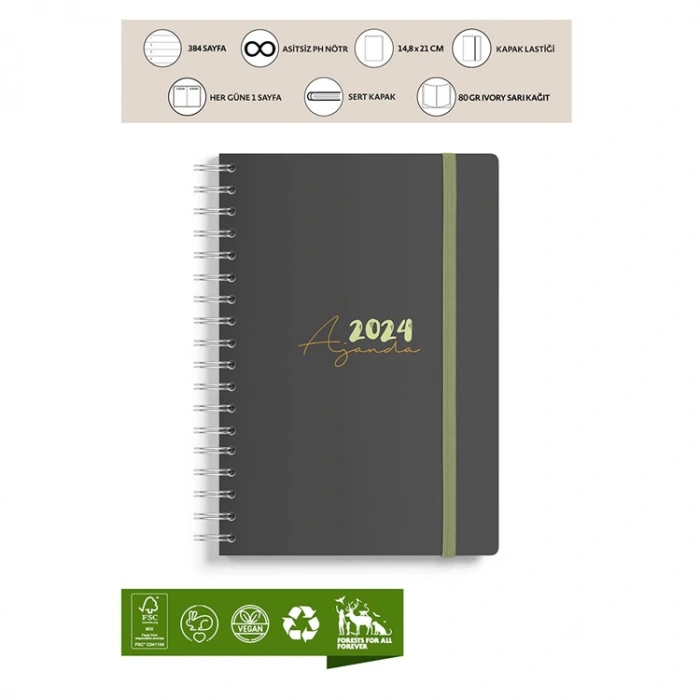 VICTORIAS JOURNALS 9209 14.8x21cm SERT KAPAK LASTİKLİ  SPİRALLİ GÜNLÜK AJANDA - SİYAH YEŞİL