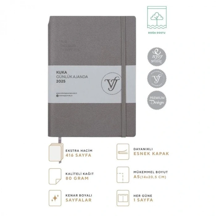 VICTORIAS JOURNALS 124-1467 14X20,5  KUKA GÜNLÜK AJANDA A5 - GRİ