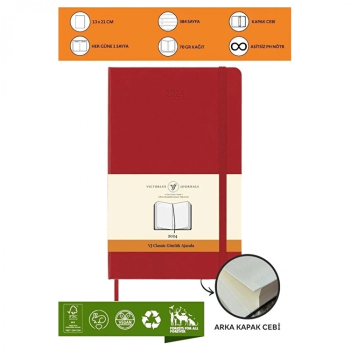 VICTORIAS JOURNALS 9171 13x21cm SERT KAPAK LASTİKLİ CEPLİ CLASSIC GÜNLÜK AJANDA - KIRMIZI