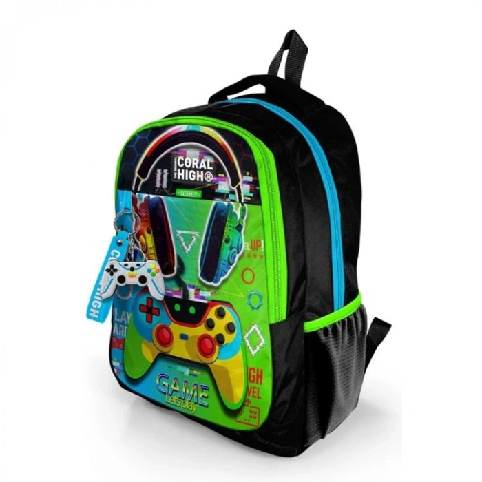 CORAL HIGH 23667 KIDS SİYAH YEŞİL KULAKLIK GAME DESENLİ ÜÇ BÖLMELİ OKUL SIRT ÇANTASI