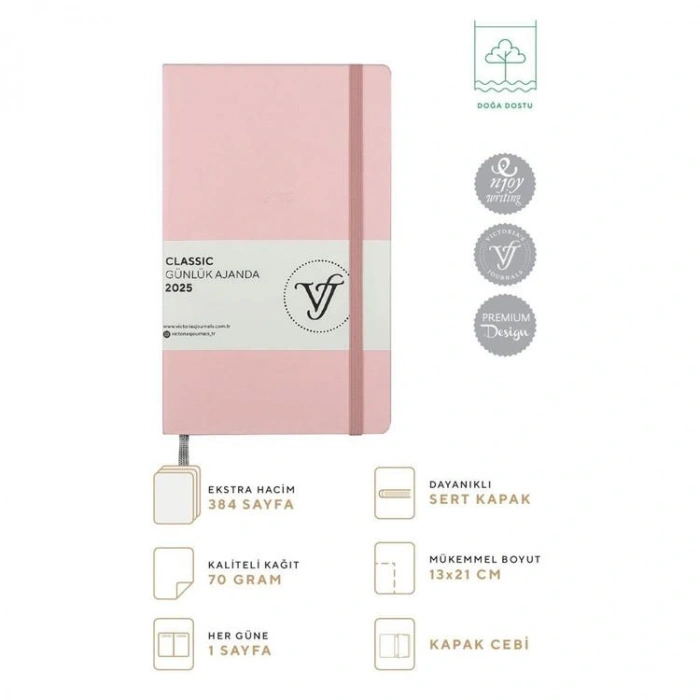 VICTORIAS JOURNALS 124-1453 13X21 CLASSIC LASTİKLİ GÜNLÜK AJANDA - PEMBE