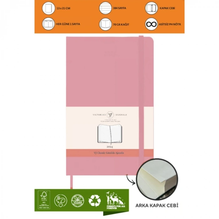 VICTORIAS JOURNALS 9173 13x21cm SERT KAPAK LASTİKLİ CEPLİ CLASSIC GÜNLÜK AJANDA - PEMBE
