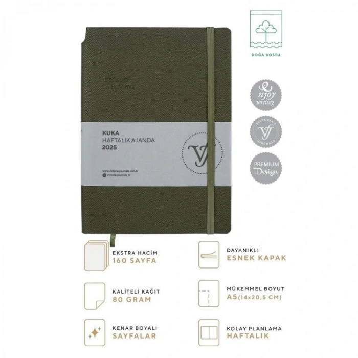 VICTORIAS JOURNALS 124-1433 14X20,5 KUKA HAFTALIK AJANDA A5 - HAKİ YEŞİL