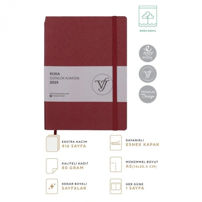 VICTORIAS JOURNALS 124-1470 14X20,5  KUKA GÜNLÜK AJANDA A5 - BORDO
