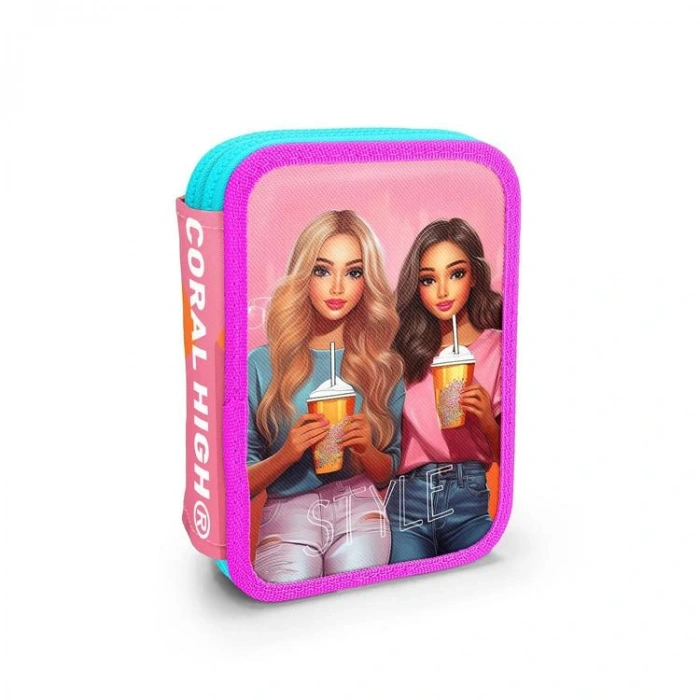 CORAL HIGH KIDS 11141 PEMBE NEON MERCAN FASHION GIRL DESENLİ ÇİFT KATLI KALEM ÇANTASI