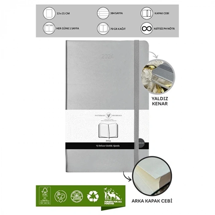 VICTORIAS JOURNALS 9178 13x21cm SERT KAPAK LASTİKLİ CEPLİ DE LUXE GÜNLÜK AJANDA - KENAR YALDIZLI GÜMÜŞ